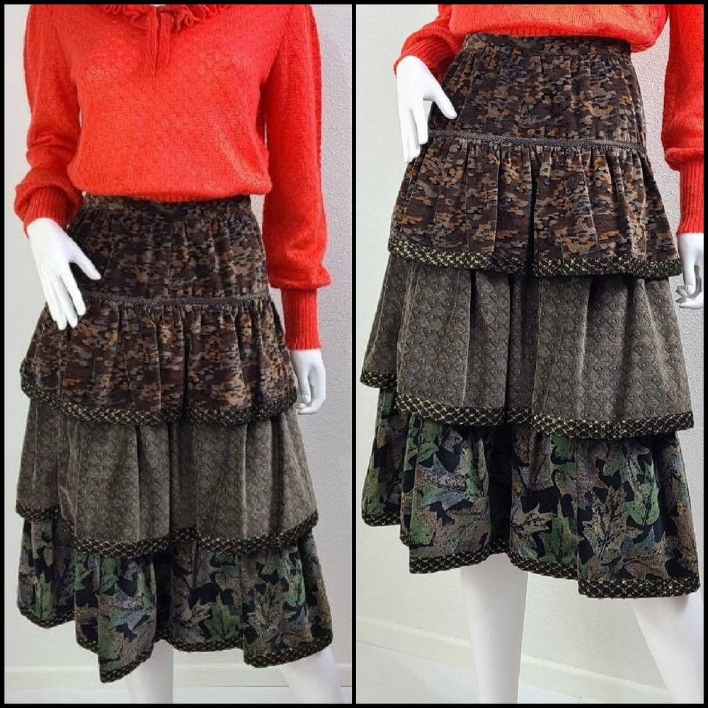 Vintage Designer 80's Three Tier Velour Skirt By Koos Van Den Akker Camo Leaves